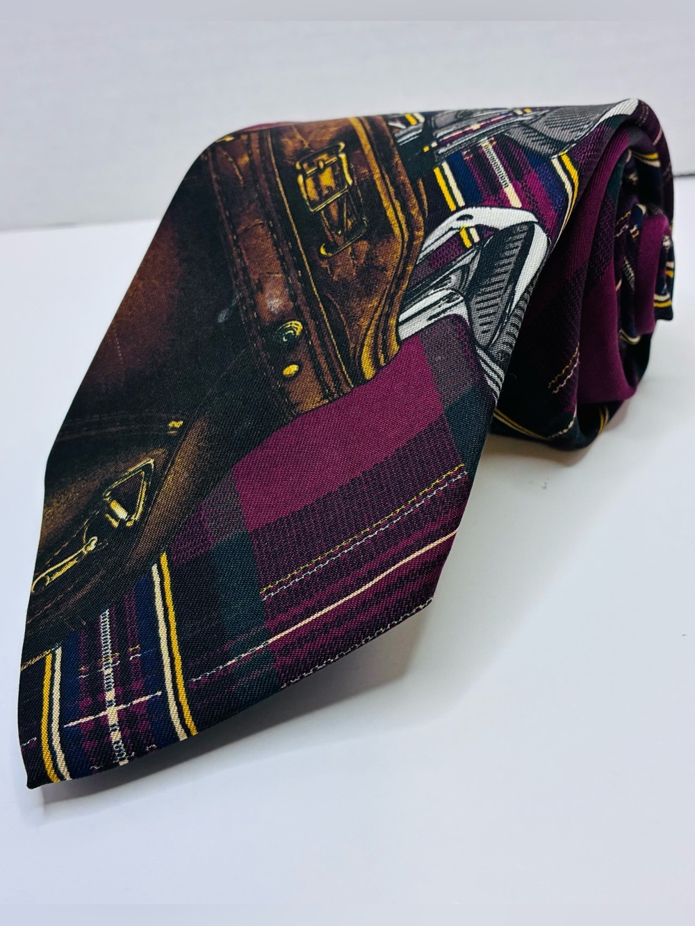 Vintage Polo Ralph Lauren Golfing Plaid Silk Necktie Maroon Burgundy 57x3.75